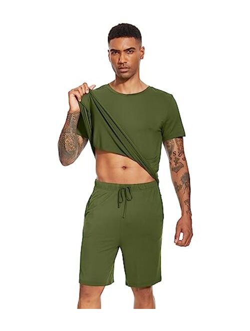 WiWi Men's Bamboo Viscose Pajamas Set Soft Short Sleeve Sleepwear Top and Shorts Pajama Set Pjs Loungewear S-3X