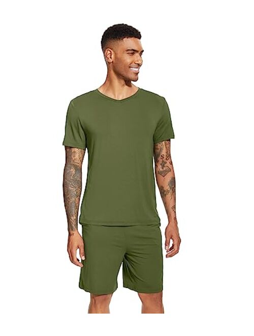 WiWi Men's Bamboo Viscose Pajamas Set Soft Short Sleeve Sleepwear Top and Shorts Pajama Set Pjs Loungewear S-3X