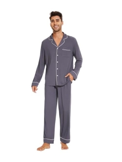 Men's Bamboo Pajama Set Long Sleeve Sleepwear Button Down Pajamas Sets 2 Pieces Soft Knit Loungewear Pjs S-XXL