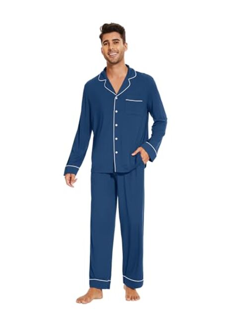 WiWi Men's Bamboo Pajama Set Long Sleeve Sleepwear Button Down Pajamas Sets 2 Pieces Soft Knit Loungewear Pjs S-XXL