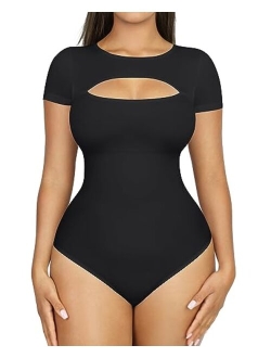 Seamless Short Sleeve Bodysuit for Women Tummy Control Shapewear Scoop Neck Thong Sculpting Jumpsuit Tops