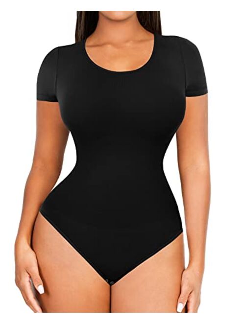 FeelinGirl Seamless Short Sleeve Bodysuit for Women Tummy Control Shapewear Scoop Neck Thong Sculpting Jumpsuit Tops