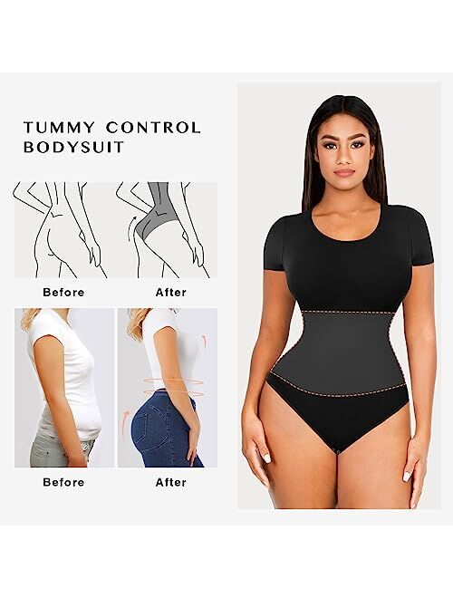 FeelinGirl Seamless Short Sleeve Bodysuit for Women Tummy Control Shapewear Scoop Neck Thong Sculpting Jumpsuit Tops