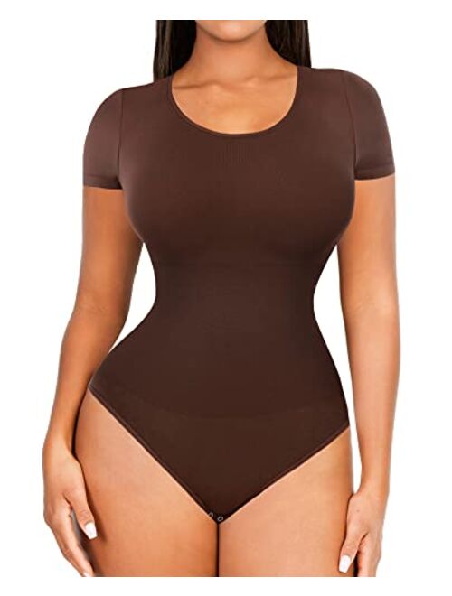 FeelinGirl Seamless Short Sleeve Bodysuit for Women Tummy Control Shapewear Scoop Neck Thong Sculpting Jumpsuit Tops