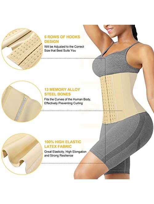 FeelinGirl Waist Trainer for Women Short Torso 13 Steel Boned 6 Hooks Latex Waist Cincher Hourglass Body Shaper