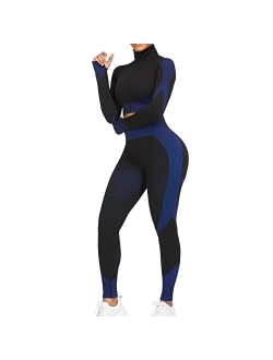 Workout Sets for Women-2 Piece Seamless Yoga Outfit High Waist Leggings Crop Top Gym Sets