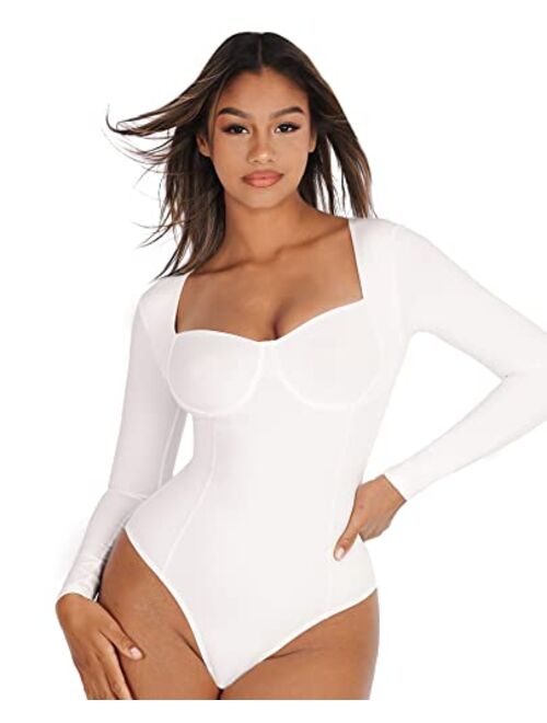 FeelinGirl Square V Neck Long Sleeve Body Suits for Womens Tummy Control Thong Shapewear Bodysuit