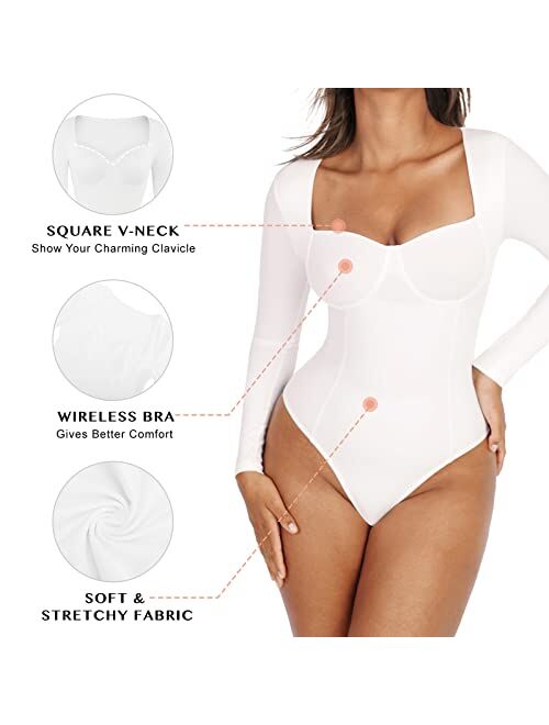 FeelinGirl Square V Neck Long Sleeve Body Suits for Womens Tummy Control Thong Shapewear Bodysuit