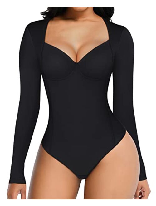 FeelinGirl Square V Neck Long Sleeve Body Suits for Womens Tummy Control Thong Shapewear Bodysuit