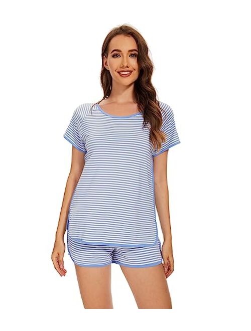 WiWi Bamboo Viscose Pajamas for Women Soft Short Sleeve Top with Shorts Pajama Set Summer Cooling Sleepwear Pjs Sets S-XXL