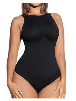 Women's Sleeveless Tummy Control Bodysuit Seamless Leotard Crew Neck Racerback Tank Tops Thong Snap