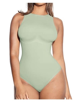 Women's Sleeveless Tummy Control Bodysuit Seamless Leotard Crew Neck Racerback Tank Tops Thong Snap