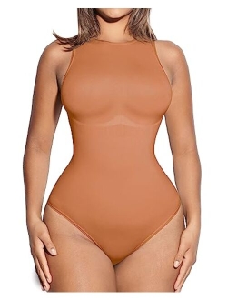 Women's Sleeveless Tummy Control Bodysuit Seamless Leotard Crew Neck Racerback Tank Tops Thong Snap