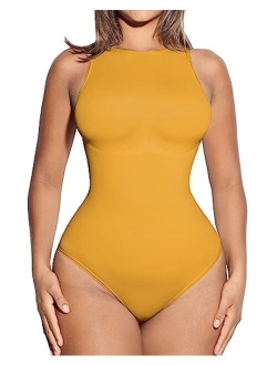 Women's Sleeveless Tummy Control Bodysuit Seamless Leotard Crew Neck Racerback Tank Tops Thong Snap