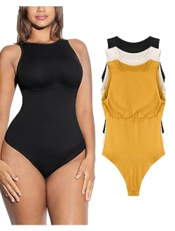 Women's Sleeveless Tummy Control Bodysuit Seamless Leotard Crew Neck Racerback Tank Tops Thong Snap