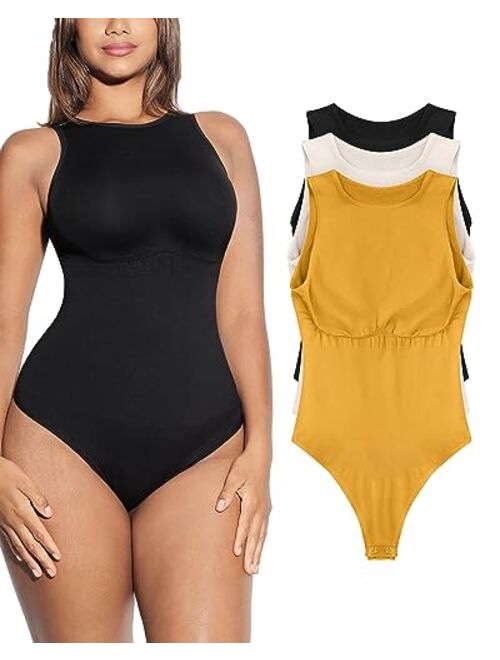 FeelinGirl Women's Sleeveless Tummy Control Bodysuit Seamless Leotard Crew Neck Racerback Tank Tops Thong Snap