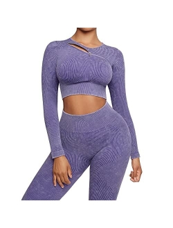 Workout Sets for Women 2 Piece Seamless Long Sleeve Crop Tops Seamless Ribbed Outfits High Waist Leggings