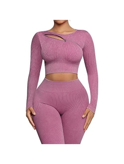 Workout Sets for Women 2 Piece Seamless Long Sleeve Crop Tops Seamless Ribbed Outfits High Waist Leggings