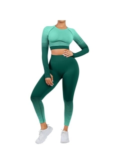 Workout Sets for Women 2 Piece Seamless Long Sleeve Crop Tops Seamless Ribbed Outfits High Waist Leggings