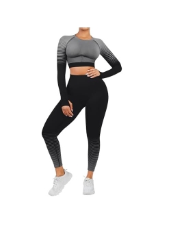 Workout Sets for Women 2 Piece Seamless Long Sleeve Crop Tops Seamless Ribbed Outfits High Waist Leggings