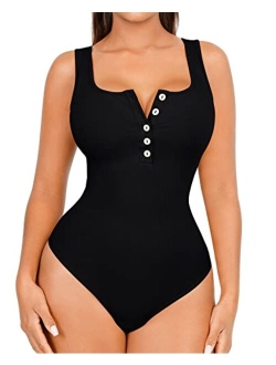 Bodysuit for Women Soft Ribbed Thong Bodysuit with Built in Bra 2023 Going Out Sleeveless Tank Tops Bodysuit