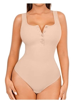 Bodysuit for Women Soft Ribbed Thong Bodysuit with Built in Bra 2023 Going Out Sleeveless Tank Tops Bodysuit