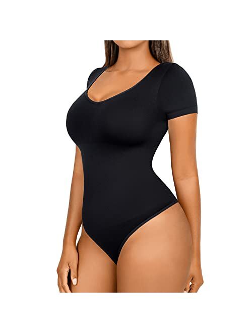 FeelinGirl Short Sleeve Bodysuit for Women Tops Tummy Control V Neck Thong Bodysuit Tops Daily Basic Jumpsuits Tops