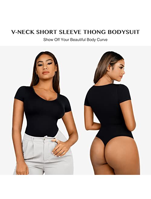 FeelinGirl Short Sleeve Bodysuit for Women Tops Tummy Control V Neck Thong Bodysuit Tops Daily Basic Jumpsuits Tops