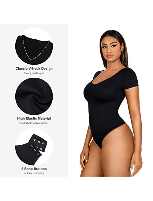 FeelinGirl Short Sleeve Bodysuit for Women Tops Tummy Control V Neck Thong Bodysuit Tops Daily Basic Jumpsuits Tops