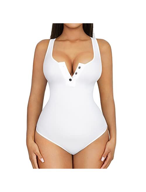 FeelinGirl Short Sleeve Bodysuit for Women Tops Tummy Control V Neck Thong Bodysuit Tops Daily Basic Jumpsuits Tops