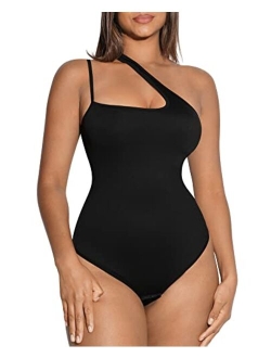Sleeveless Thong Bodysuit for Women One Shoulder Cutout Front Tummy Control Body Suit Tank Tops