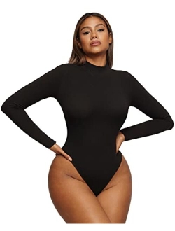 Women's Scoop Neck Bodysuit Long Sleeve Thong Body Suit Soft Body-Hugging Going Out T-shirt Tops