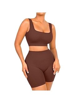 Workout Sets for Women 2 Piece Outfits Seamless Ribbed Sport Bra High Waist Shorts Reg & Plus Size