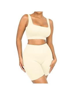 Workout Sets for Women 2 Piece Outfits Seamless Ribbed Sport Bra High Waist Shorts Reg & Plus Size