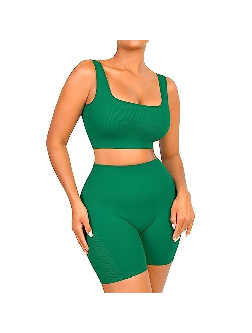 FeelinGirl Workout Sets for Women 2 Piece Outfits Seamless Ribbed Sport Bra High Waist Shorts Reg & Plus Size