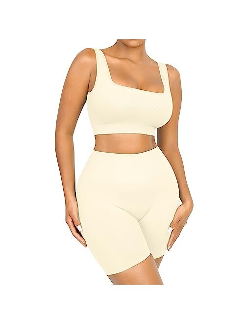 FeelinGirl Workout Sets for Women 2 Piece Outfits Seamless Ribbed Sport Bra High Waist Shorts Reg & Plus Size