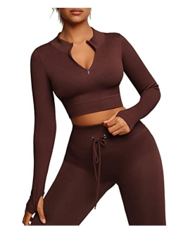 Workout Sets for Women 2 Piece Seamless Long Sleeve Crop Tops Seamless Ribbed High Waist Leggings