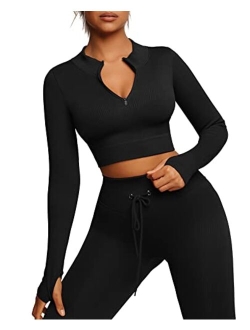 Workout Sets for Women 2 Piece Seamless Long Sleeve Crop Tops Seamless Ribbed High Waist Leggings