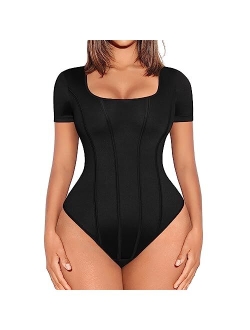 Bodysuit for Women Tummy Control Long/Short Sleeve Thong Tops Square Neck Body Suit Going Out Bodysuits