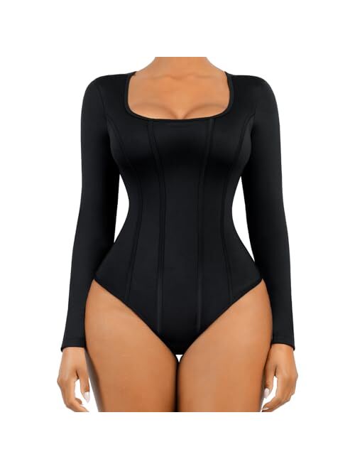 FeelinGirl Bodysuit for Women Tummy Control Long/Short Sleeve Thong Tops Square Neck Body Suit Going Out Bodysuits