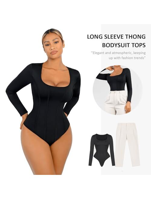 FeelinGirl Bodysuit for Women Tummy Control Long/Short Sleeve Thong Tops Square Neck Body Suit Going Out Bodysuits