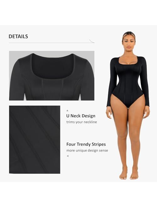 FeelinGirl Bodysuit for Women Tummy Control Long/Short Sleeve Thong Tops Square Neck Body Suit Going Out Bodysuits