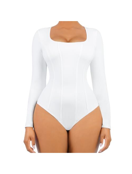 FeelinGirl Bodysuit for Women Tummy Control Long/Short Sleeve Thong Tops Square Neck Body Suit Going Out Bodysuits