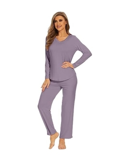 Pajamas for Women Bamboo Viscose Long Sleeve Sleepwear with Pants Set Soft Casual Pj Warm Lounge Sets S-XXL