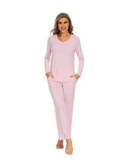 Pajamas for Women Bamboo Viscose Long Sleeve Sleepwear with Pants Set Soft Casual Pj Warm Lounge Sets S-XXL