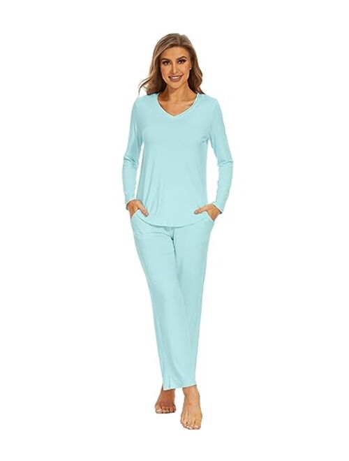 WiWi Pajamas for Women Bamboo Viscose Long Sleeve Sleepwear with Pants Set Soft Casual Pj Warm Lounge Sets S-XXL