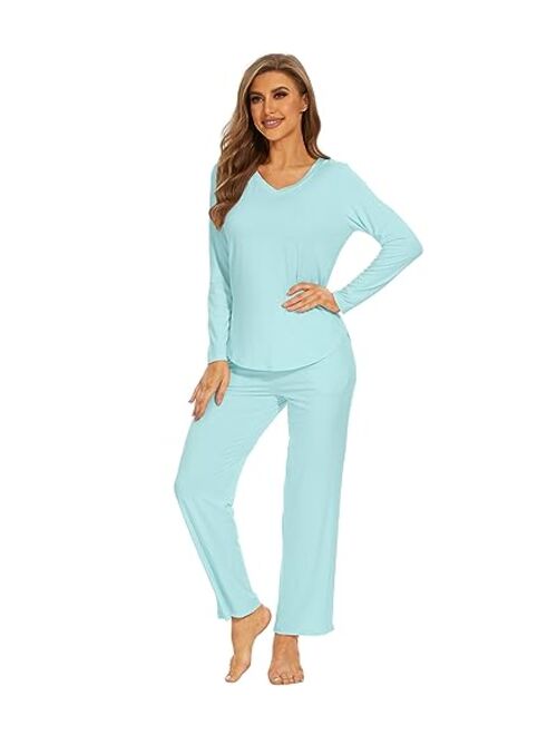 WiWi Pajamas for Women Bamboo Viscose Long Sleeve Sleepwear with Pants Set Soft Casual Pj Warm Lounge Sets S-XXL