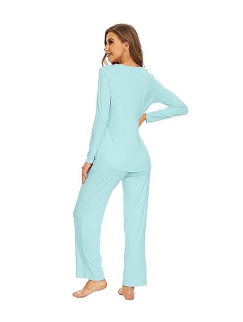 WiWi Pajamas for Women Bamboo Viscose Long Sleeve Sleepwear with Pants Set Soft Casual Pj Warm Lounge Sets S-XXL