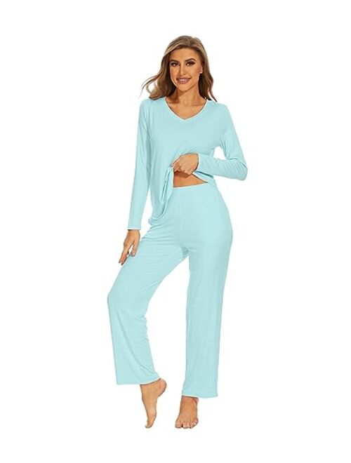 WiWi Pajamas for Women Bamboo Viscose Long Sleeve Sleepwear with Pants Set Soft Casual Pj Warm Lounge Sets S-XXL