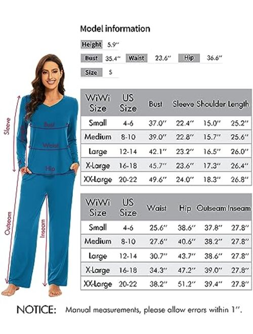 WiWi Pajamas for Women Bamboo Viscose Long Sleeve Sleepwear with Pants Set Soft Casual Pj Warm Lounge Sets S-XXL